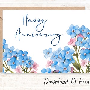 Tarjeta de aniversario imprimible, Nomeolvides azules y rosas para desearle Feliz Aniversario a una pareja especial, Dos tamaños 7x5 y A2, DESCARGA DIGITAL