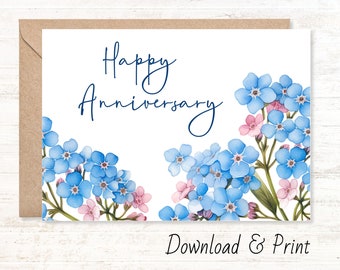 Printable anniversary card, Blue and pink forget-me-nots to say Happy Anniversary to a special couple, Two sizes 7x5 & A2, DIGITAL DOWNLOAD