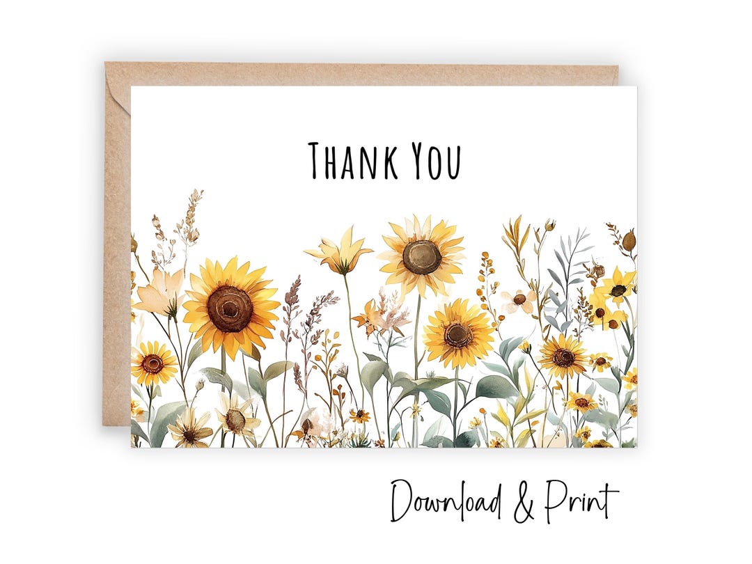 Printable Watercolor Sunflower Thank You Greeting Card (sizes 5x7 & A2 ...