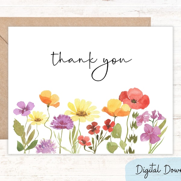 Printable Thank You card with wildflowers, Send a simple thank you, Two sizes: 7" x 5" and A2 Note Card, DIGITAL DOWNLOAD