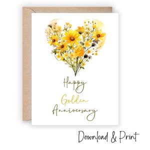 Tarjeta de aniversario de oro imprimible, diga feliz 50 aniversario de bodas a una pareja especial con flores silvestres, tamaños 5x7 y A2, DESCARGA DIGITAL
