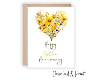 Printable Golden Anniversary card, Say Happy 50th Wedding Anniversary to a special couple with wildflowers, Sizes 5x7 & A2, DIGITAL DOWNLOAD