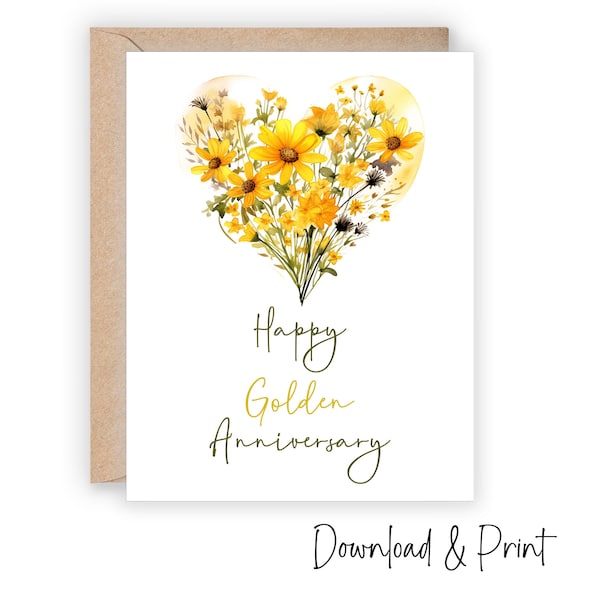 Printable Golden Anniversary card, Say Happy 50th Wedding Anniversary to a special couple with wildflowers, Sizes 5x7 & A2, DIGITAL DOWNLOAD