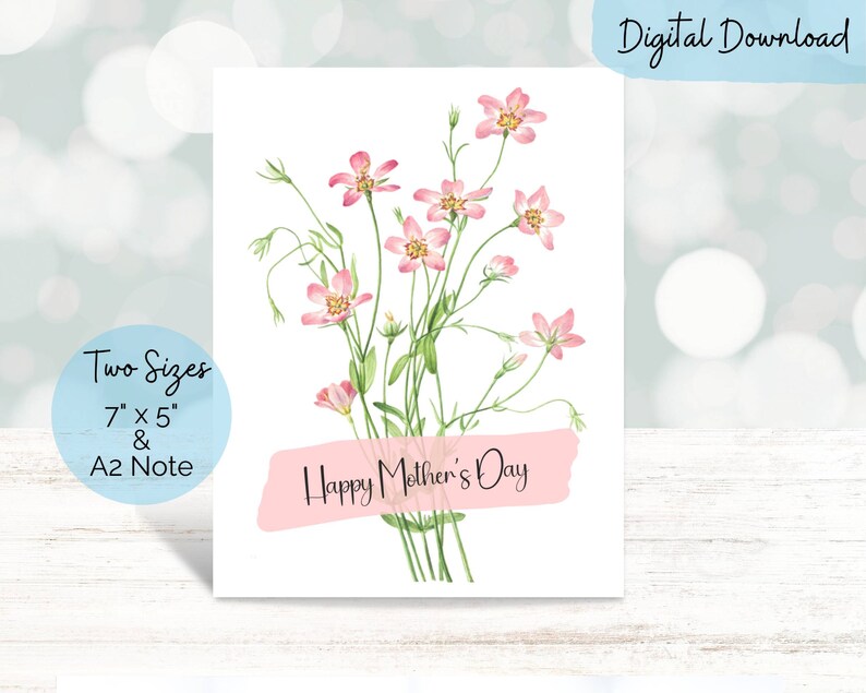 Happy Mother's Day card to celebrate all the moms with a simple floral printable card in two sizes: 7 x 5 & A2 Note Card, DIGITAL DOWNLOAD image 2