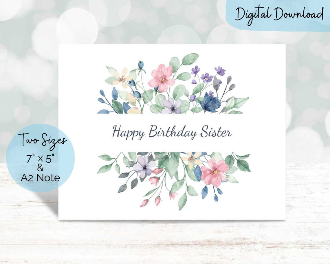 Happy Birthday Card for Sister, Printable in Sizes 7x5 &amp; A2, Simple ...