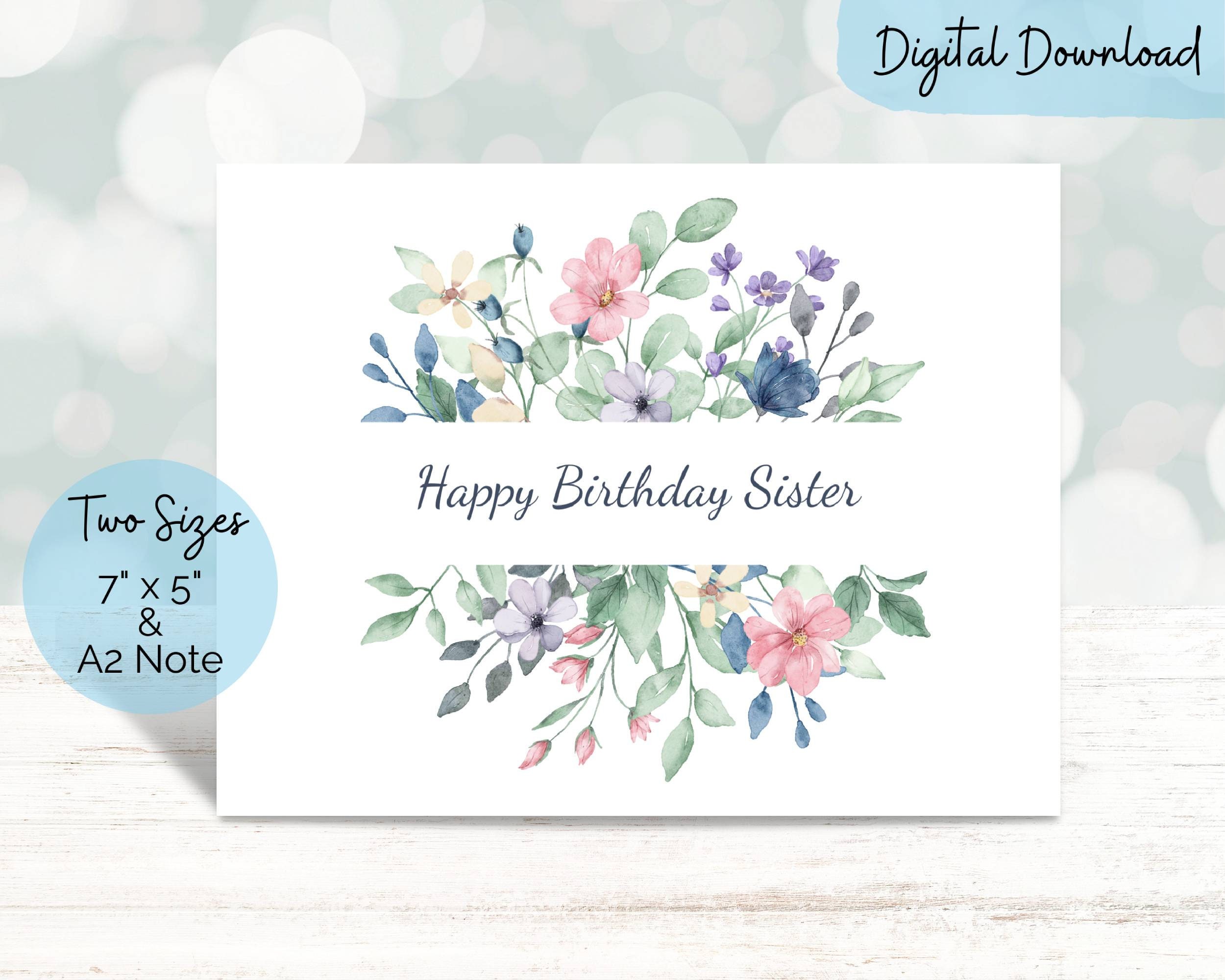 Happy Birthday Card for Sister, Printable in Sizes 7x5 &amp; A2, Simple ...