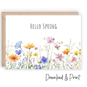Cartão de felicitações Hello Spring para impressão, Bem-vindo à primavera com lindas flores silvestres, Comemore a nova estação, Dois tamanhos 7x5 e A2, DOWNLOAD DIGITAL