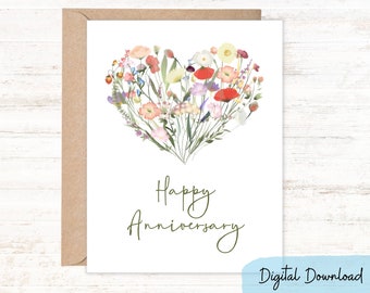 Printable Happy Anniversary card in sizes 5x7 and A2, Celebrate a wedding anniversary with a heart of wildflowers , DIGITAL DOWNLOAD