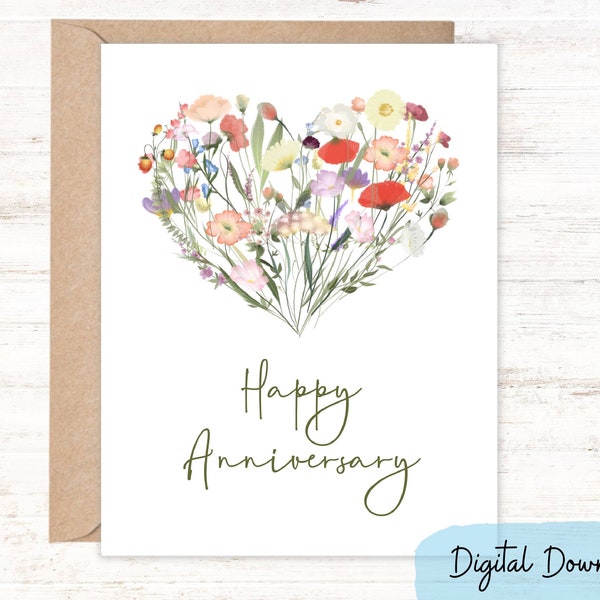 Printable Happy Anniversary card in sizes 5x7 and A2, Celebrate a wedding anniversary with a heart of wildflowers , DIGITAL DOWNLOAD