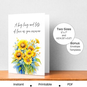 A greeting card with a bouquet of yellow sunflowers and a message about love, along with two sizes of envelopes and digital card templates.