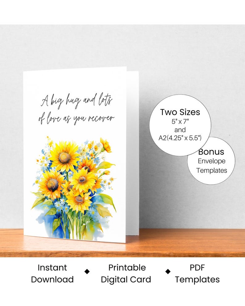 A greeting card with a bouquet of yellow sunflowers and a message about love, along with two sizes of envelopes and digital card templates.