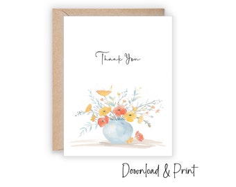 Carte de remerciement imprimable, envoyez un simple remerciement avec un vase de fleurs sauvages, deux tailles : 7 x 5 po et carte de correspondance A2, TÉLÉCHARGEMENT NUMÉRIQUE