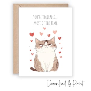Carte imprimable Funny Love You du chat, Saint-Valentin chat grincheux pour parents maman papa fils collègue grands-parents meilleur ami, téléchargement numérique