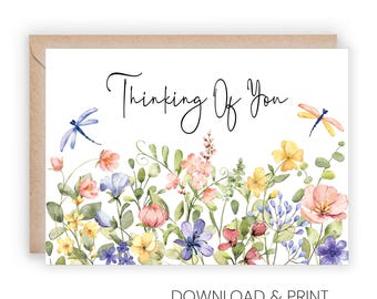 Printable Thinking Of You Card: Butterflies and wildflowers (Sizes 5x7 & A2, Digital Download)