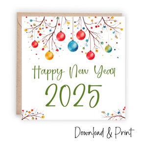 Carte colorée Happy New Year 2025 pour souhaiter le meilleur pour la nouvelle année, carte carrée 5 x 5 po. avec modèle d'enveloppe, TÉLÉCHARGEMENT NUMÉRIQUE
