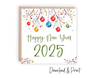 Carte colorée Happy New Year 2025 pour souhaiter le meilleur pour la nouvelle année, carte carrée 5 x 5 po. avec modèle d'enveloppe, TÉLÉCHARGEMENT NUMÉRIQUE