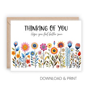 Tarjeta floral de "Mejórate pronto": Pensando en ti, pronta recuperación (tamaños 5x7 y A2, descarga digital)
