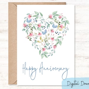 Carte de joyeux anniversaire imprimable aux formats 5 x 7 et A2, célébrez un anniversaire de mariage avec un coeur de jolies fleurs, TÉLÉCHARGEMENT NUMÉRIQUE
