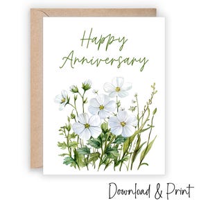 Biglietto di auguri di buon anniversario stampabile, festeggia un anniversario di matrimonio con semplice verde e fiori bianchi, dimensioni 5x7 e A2, DOWNLOAD DIGITALE