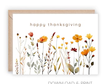 Tarjeta imprimible de Feliz Día de Acción de Gracias: Flores silvestres de otoño (Tamaños 5x7 y A2, descarga digital)