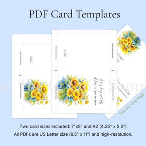 three different card designs featuring a bouquet of yellow flowers, with text providing information about the card sizes and resolution.