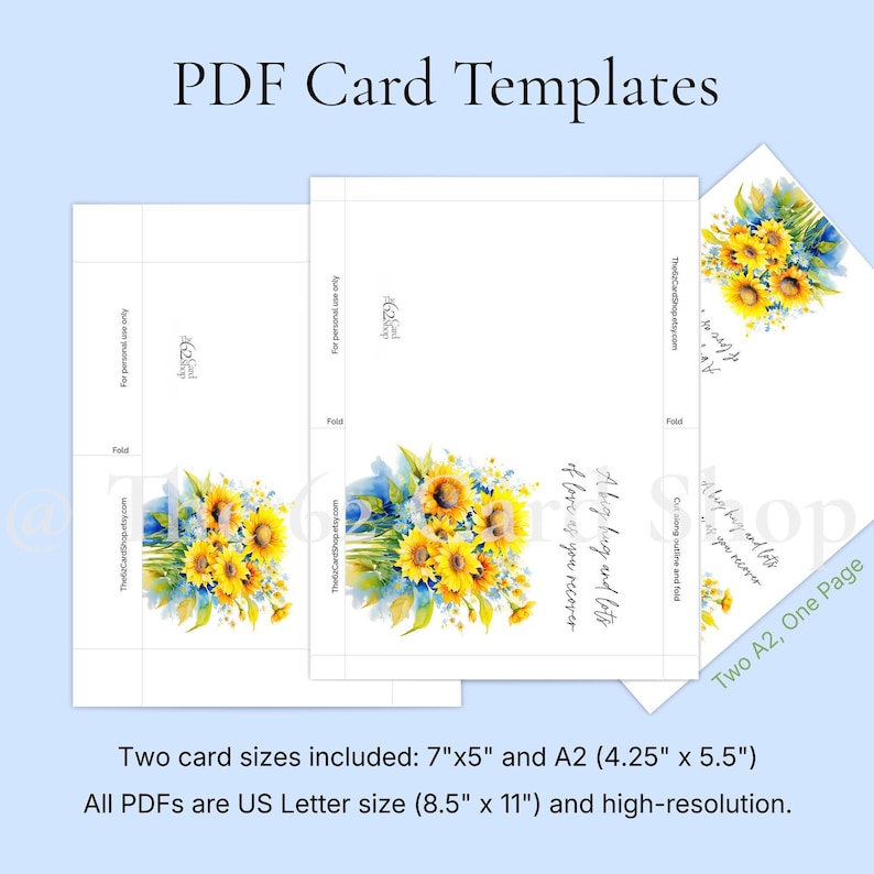 three different card designs featuring a bouquet of yellow flowers, with text providing information about the card sizes and resolution.
