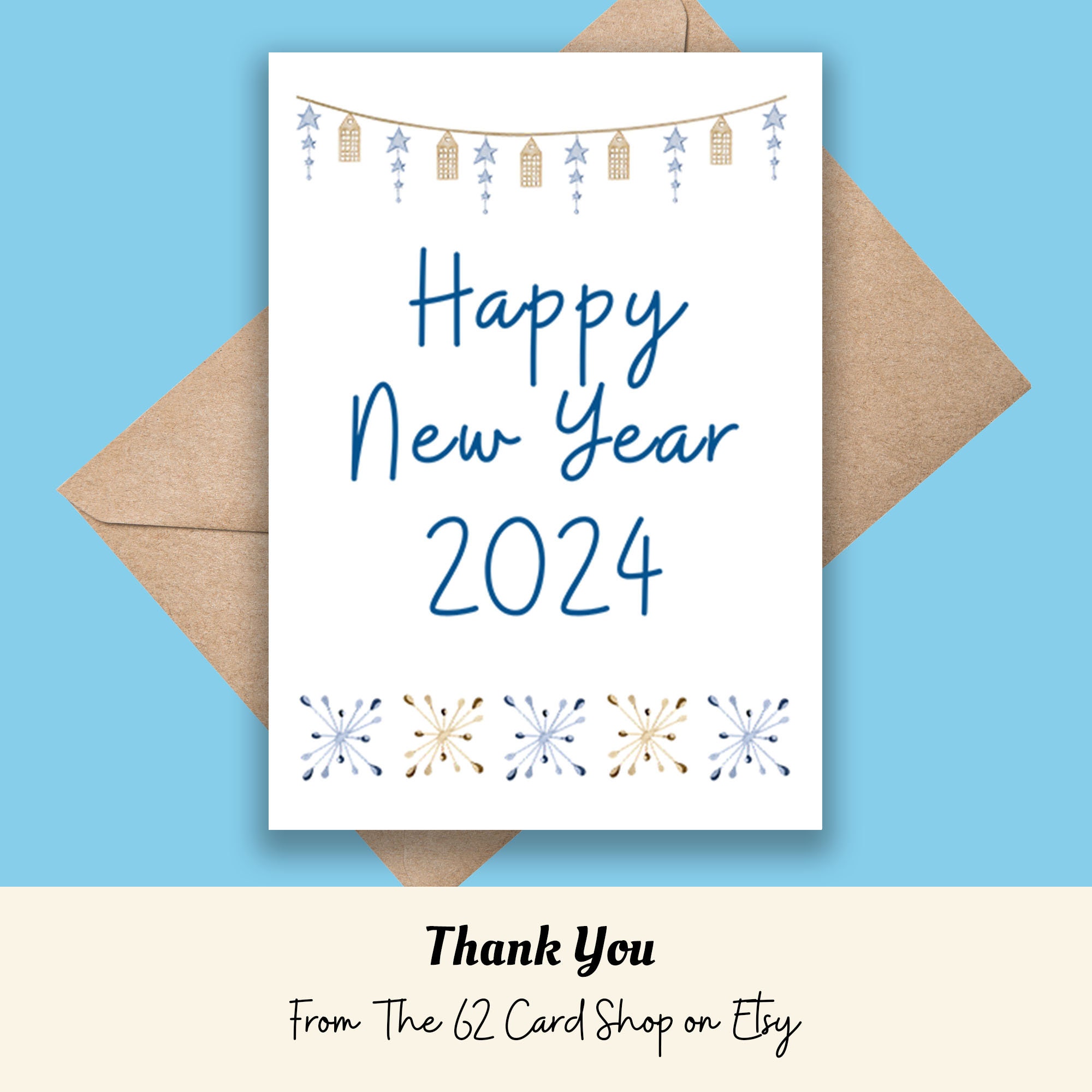 Nordic 2024 Happy New Year Card, Scandinavian Blue Holiday Card