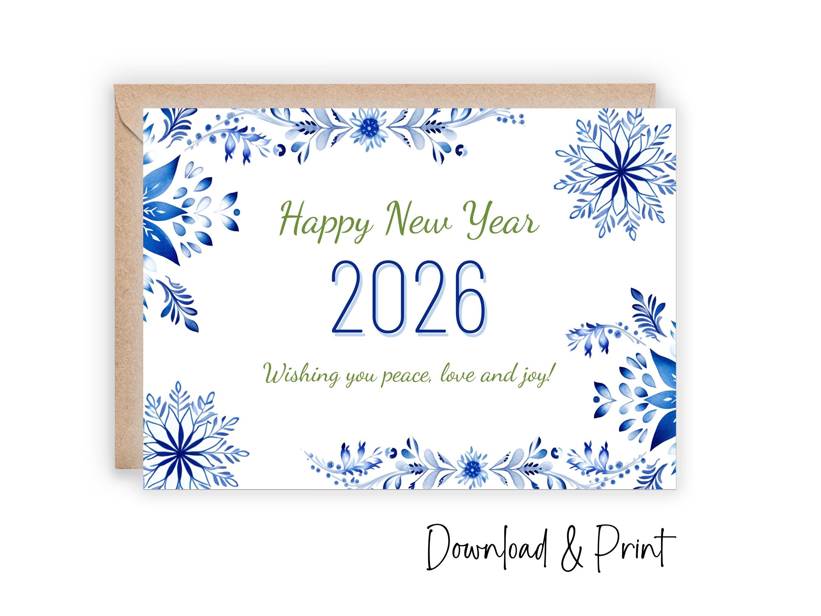 printable happy new year 2026 card: snowflake design (sizes 5x7