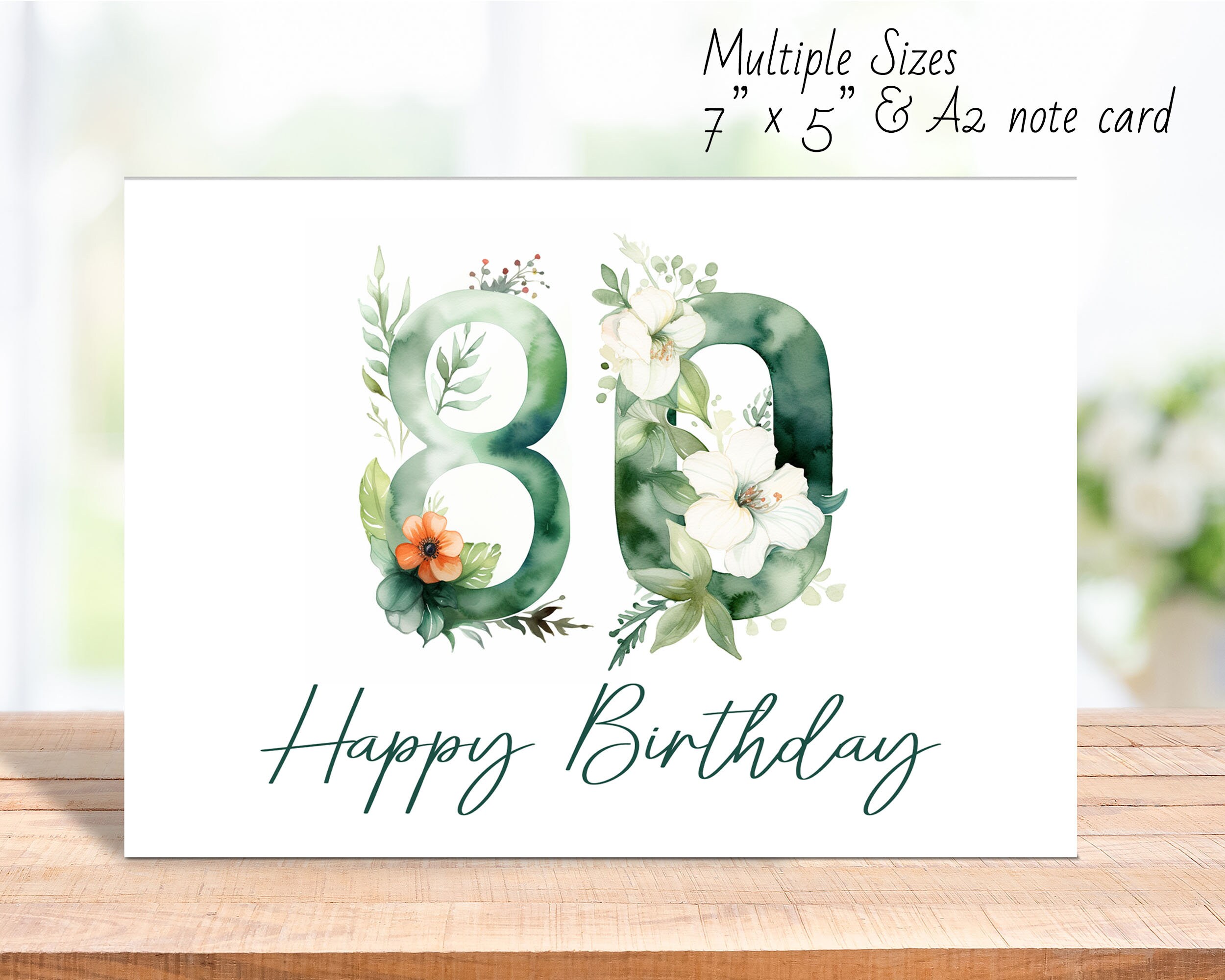 Printable 80th Birthday Card in Sizes 5x7 &amp; A2, Say Happy Birthday to a ...