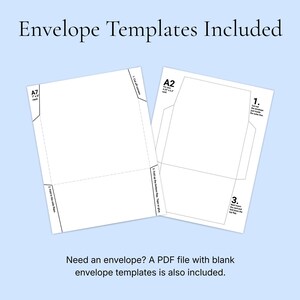 two blank envelope template sheets, along with a caption that states that a PDF file with blank envelope templates is also included.