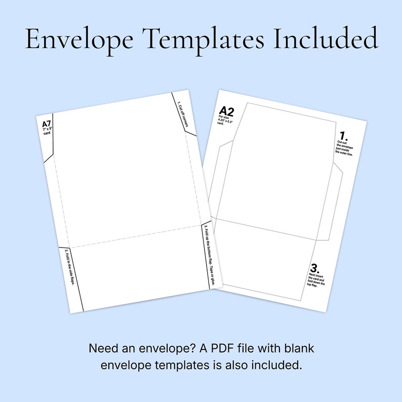 two blank envelope template sheets, along with a caption that states that a PDF file with blank envelope templates is also included.