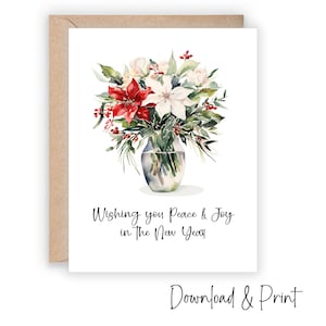 Tarjetas de Año Nuevo 2025, saludos de feliz año nuevo, tarjeta floral de felices fiestas, celebración de Nochevieja, tarjeta DIY imprimible, DESCARGA DIGITAL