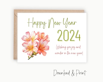 Happy New Year 2024 card wishing joy and wonder in the new year | New years cards for 2024 | Two sizes 7" x 5" and A2 | DIGITAL DOWNLOAD