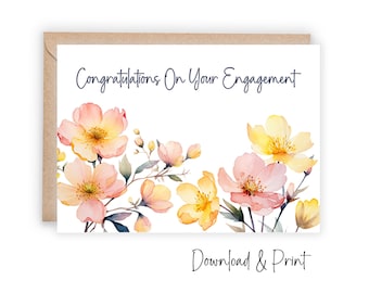 Printable engagement congratulations card, Elegant floral wedding engagement congrats card,  Bride to be congrats card, DIGITAL DOWNLOAD