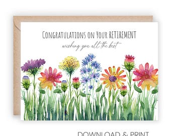Printable Retirement Congratulations Card with Happy Flowers (Sizes 5x7 & A2, Digital Download)