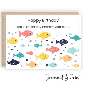 Carte de joyeux anniversaire imprimable, félicitations d'anniversaire de poisson drôle, carte d'anniversaire pour enfants, anniversaire de fan de pêche, deux tailles 5 x 7 et A1, TÉLÉCHARGEMENT NUMÉRIQUE