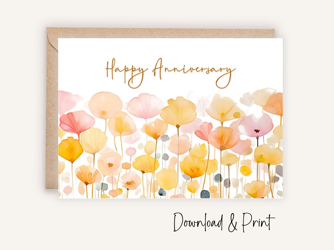 Printable Wedding Anniversary Card With Watercolor Flower (sizes 5x7 ...
