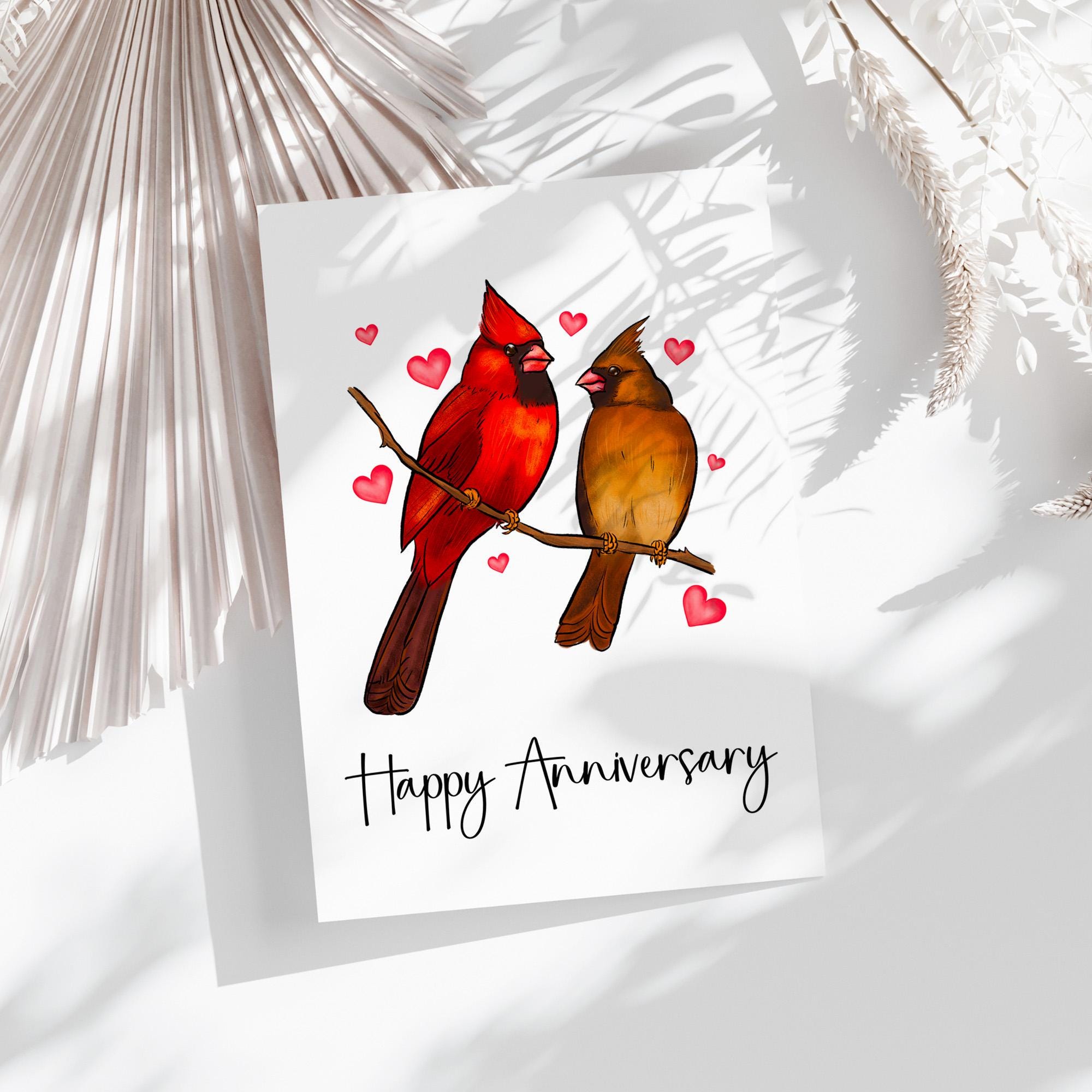 Printable Happy Anniversary Card: Two Cardinals in Love (sizes 5x7
