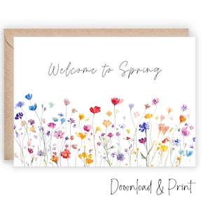 Tarjeta de felicitación de bienvenida a la primavera para imprimir. Saluda a la primavera con hermosas flores silvestres. Celebra la nueva temporada. Tamaños 7x5 y A2. DESCARGA DIGITAL.