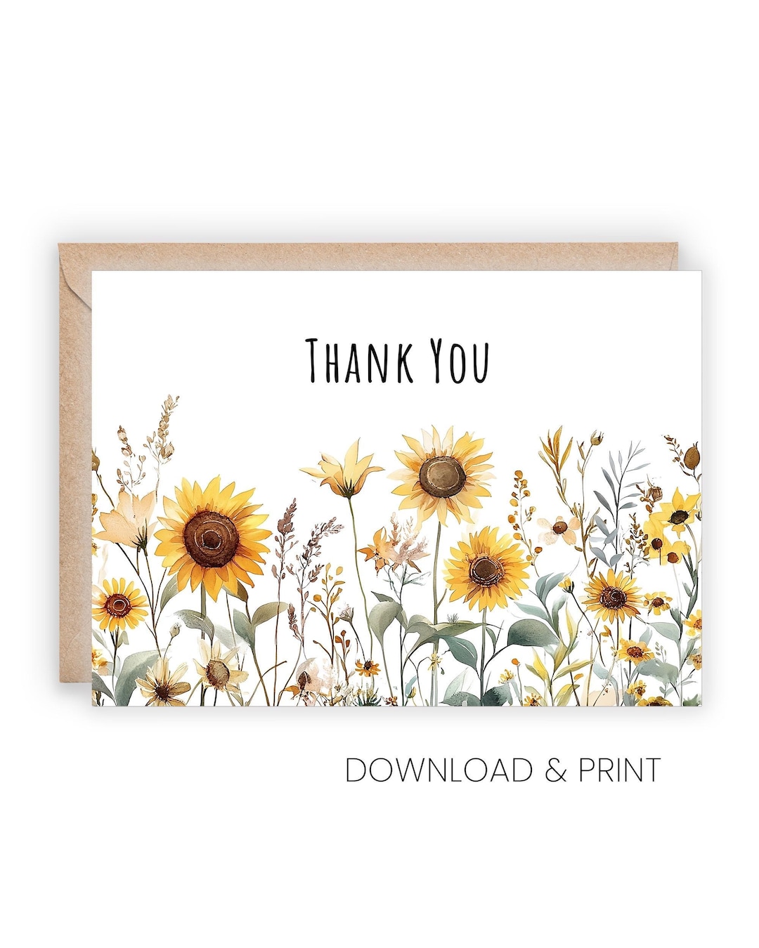 Printable Watercolor Sunflower Thank You Greeting Card (sizes 5x7 & A2 ...