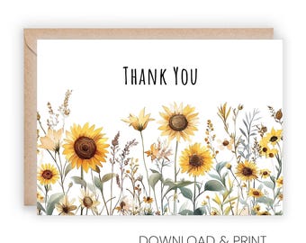 Tarjeta de agradecimiento con girasoles: Tarjeta imprimible estilo acuarela rústica (tamaños 5x7 y A2)