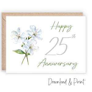 Biglietto d'auguri per il 25° anniversario di matrimonio stampabile, augura buon 25° anniversario di matrimonio a una coppia speciale con fiori, dimensioni 5x7 e A2, DOWNLOAD DIGITALE