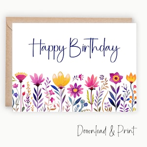 Cartão de feliz aniversário alegre, envie votos de feliz aniversário com flores coloridas modernas, dois tamanhos 7 "x 5" e A2, DOWNLOAD DIGITAL