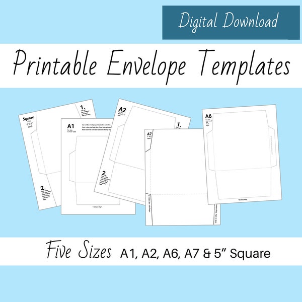 Printable envelope templates, Sizes A1, A2, A6(4x6), A7(7x5) & Square, DIY your own envelopes for printable digital cards, DIGITAL DOWNLOAD
