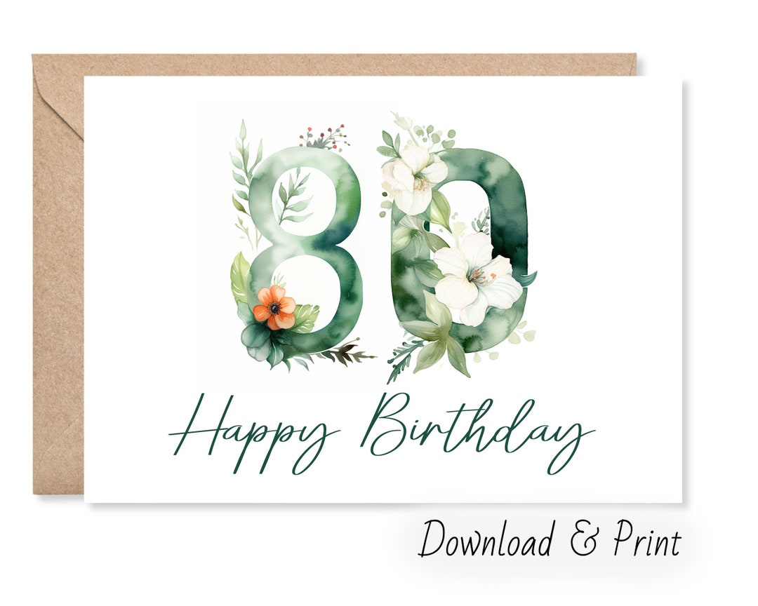 Printable 80th Birthday Card in Sizes 5x7 &amp; A2, Say Happy Birthday to a ...