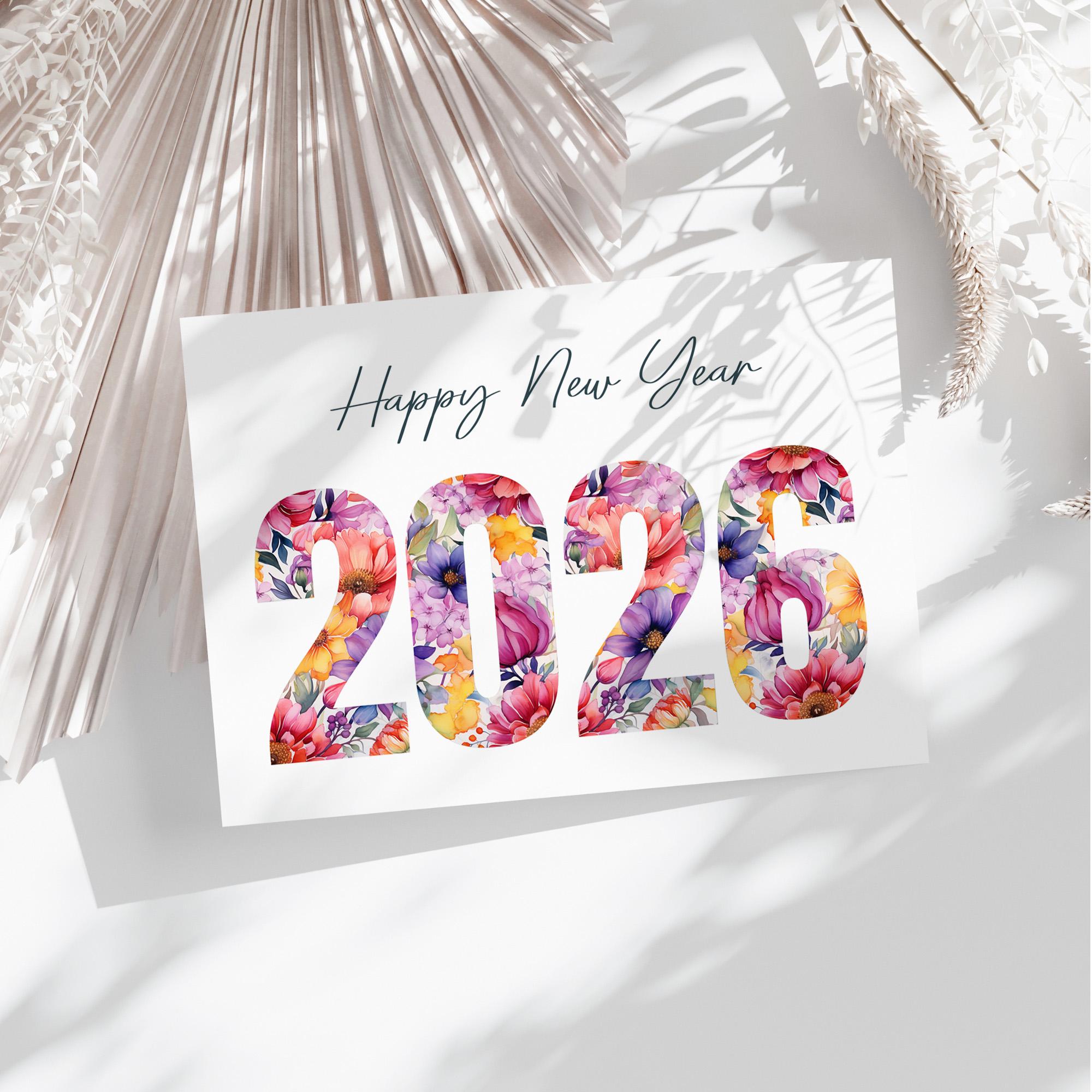 Printable Big 2026 Happy New Years Floral Cards (sizes 5x7 & A2