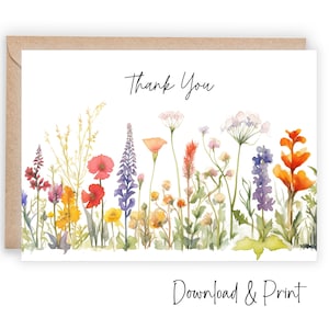 Cartão de agradecimento para impressão com flores silvestres, Envie um simples agradecimento a um amigo professor enfermeiro médico, Tamanhos: 7" x 5" e A2, DOWNLOAD DIGITAL