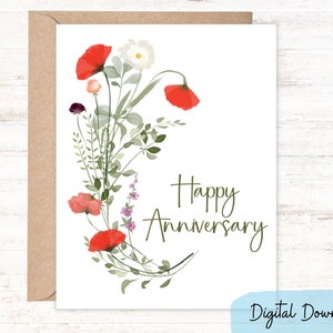 Tarjeta de feliz aniversario en tamaños 5x7 y A2. Celebre una ocasión de aniversario con flores rojas en esta tarjeta imprimible DIY. DESCARGA DIGITAL