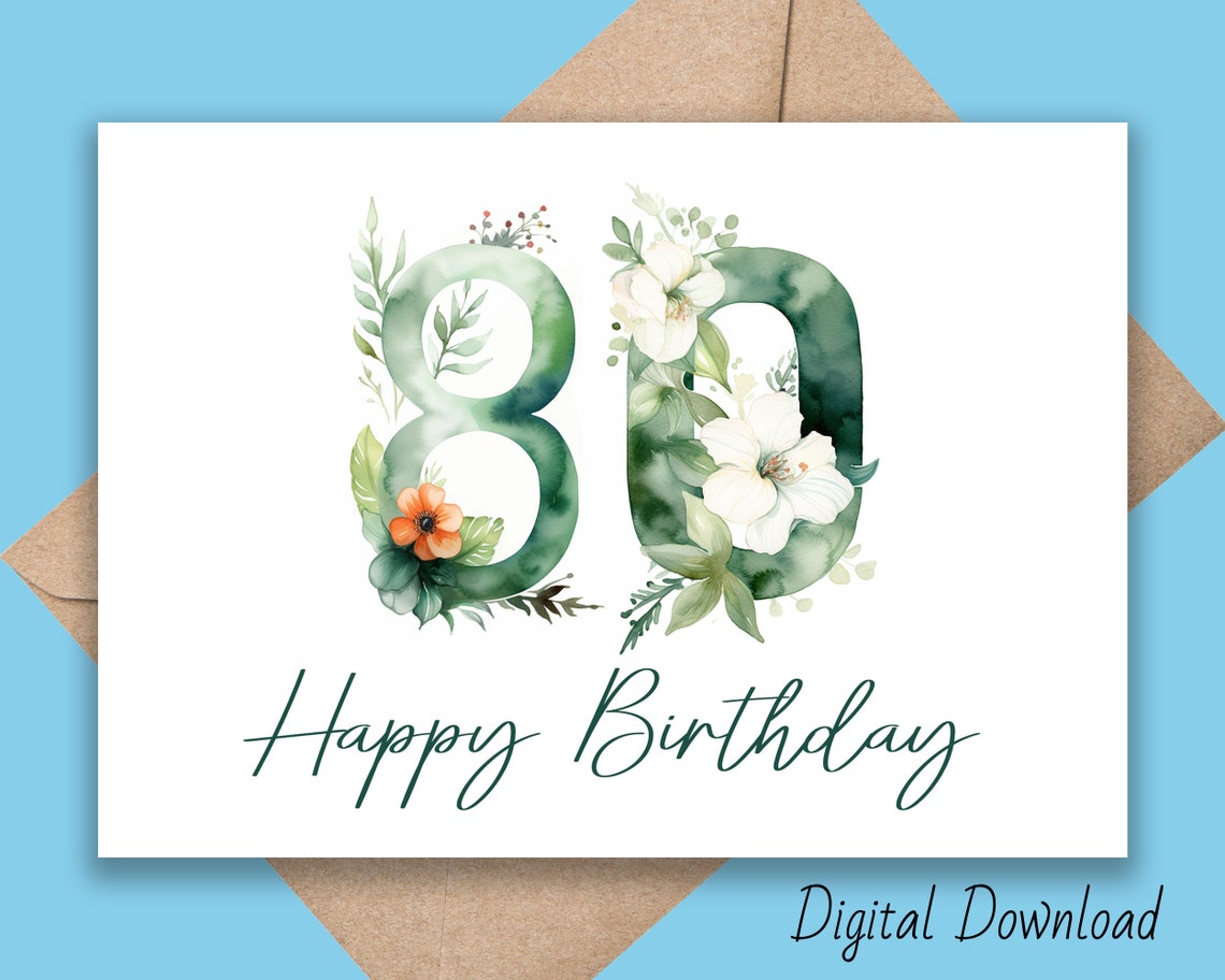 Printable 80th Birthday Card in Sizes 5x7 &amp; A2 Say Happy - Etsy