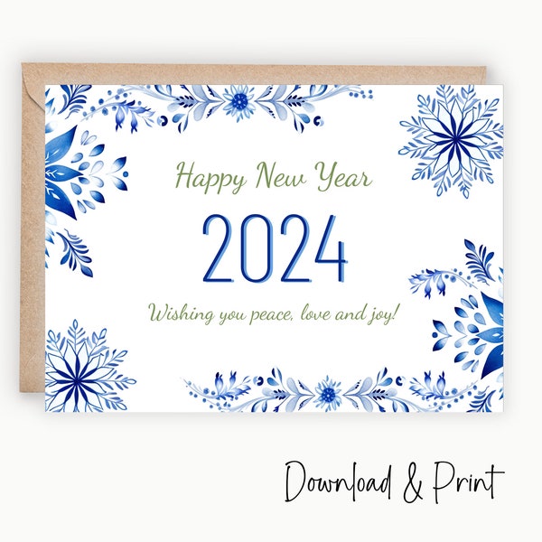 Carte de bonne année imprimable pour 2024, souhaite paix, amour et joie pour la nouvelle année, plusieurs tailles 7 x 5 po et A2 | TÉLÉCHARGEMENT NUMÉRIQUE